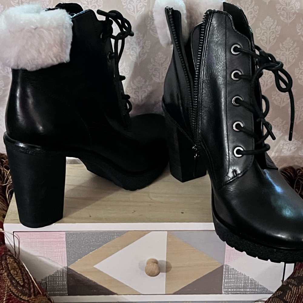 Black and White Lace Up Boots with Chunky Heel